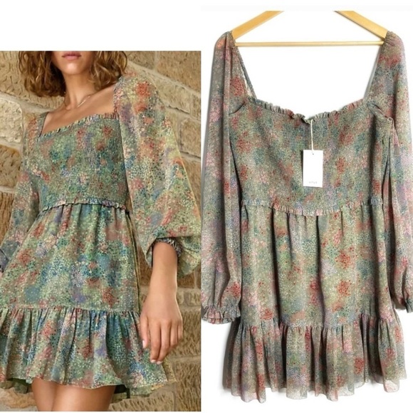 NWT Aritzia Wilfred Tempest Dress Plus Size Sage Multi Long Sleeve Shirred Top - Picture 11 of 16